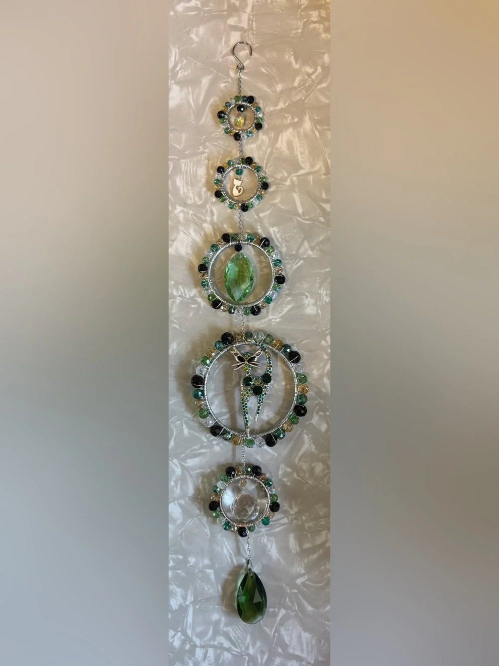 Green, Gold, Black Crystal Beaded Cat Sun Catcher
